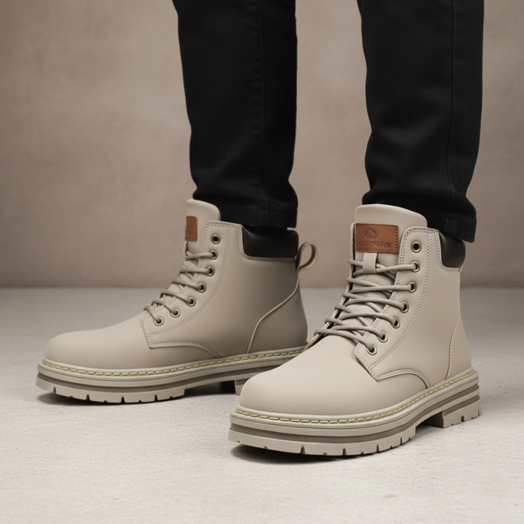 Men's lace-up ankle boots with padded collar and thick rubber sole — PU leather upper, front lacing detail