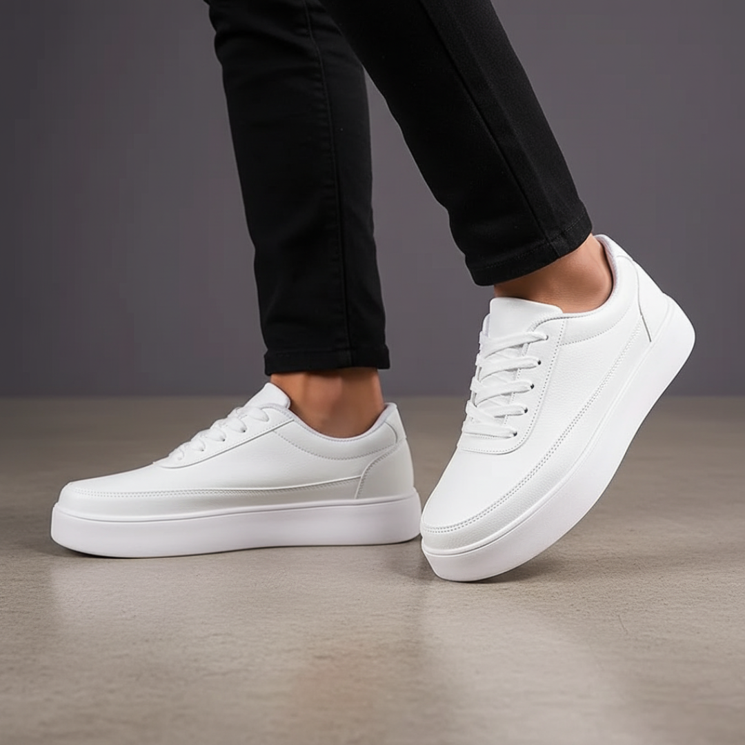 White minimalist sneakers for men with lace-up closure and low-cut collar, front view