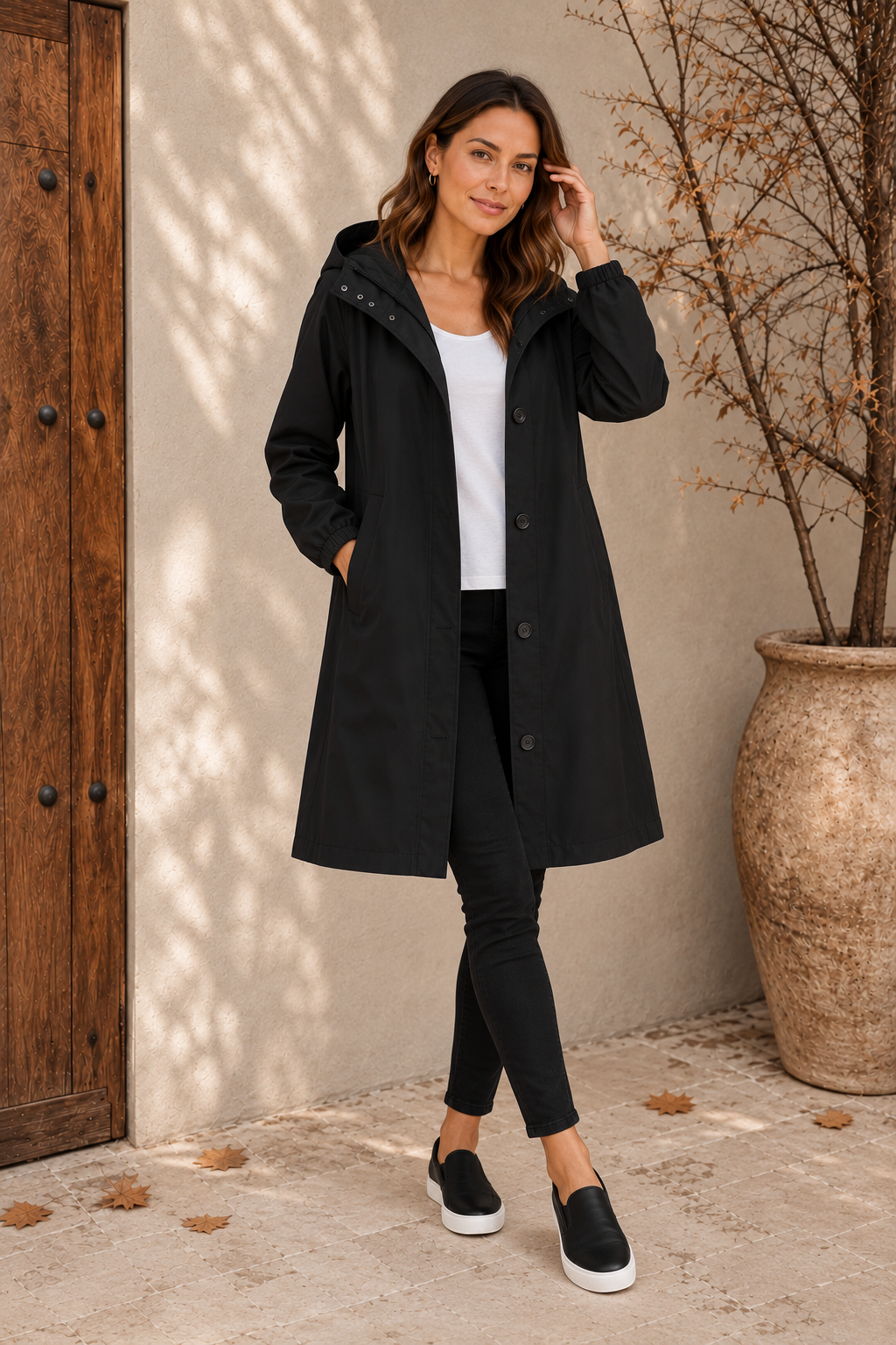 Black mid-length raincoat women front view