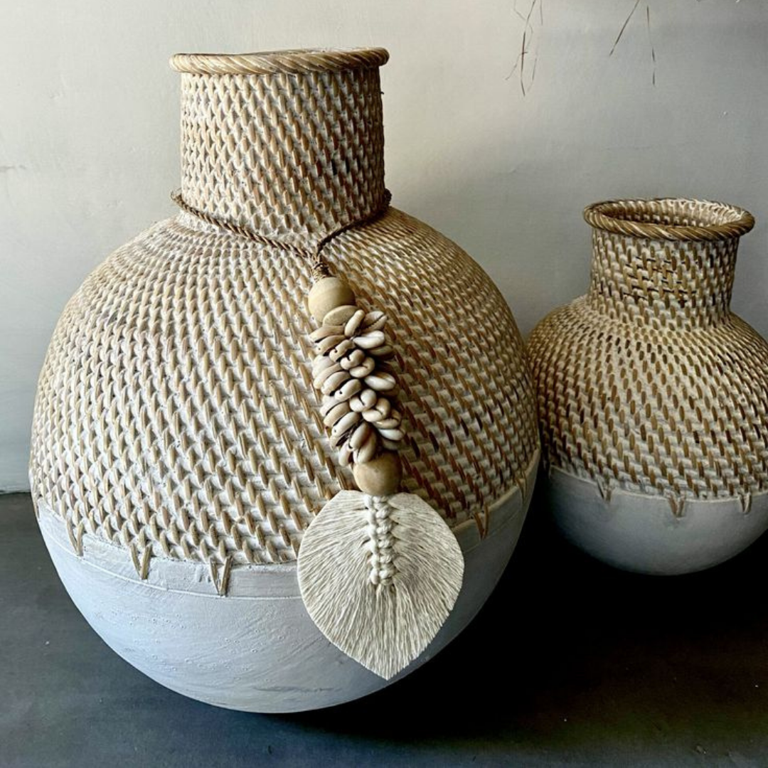 Handmade woven ceramic vase front view with minimalist background