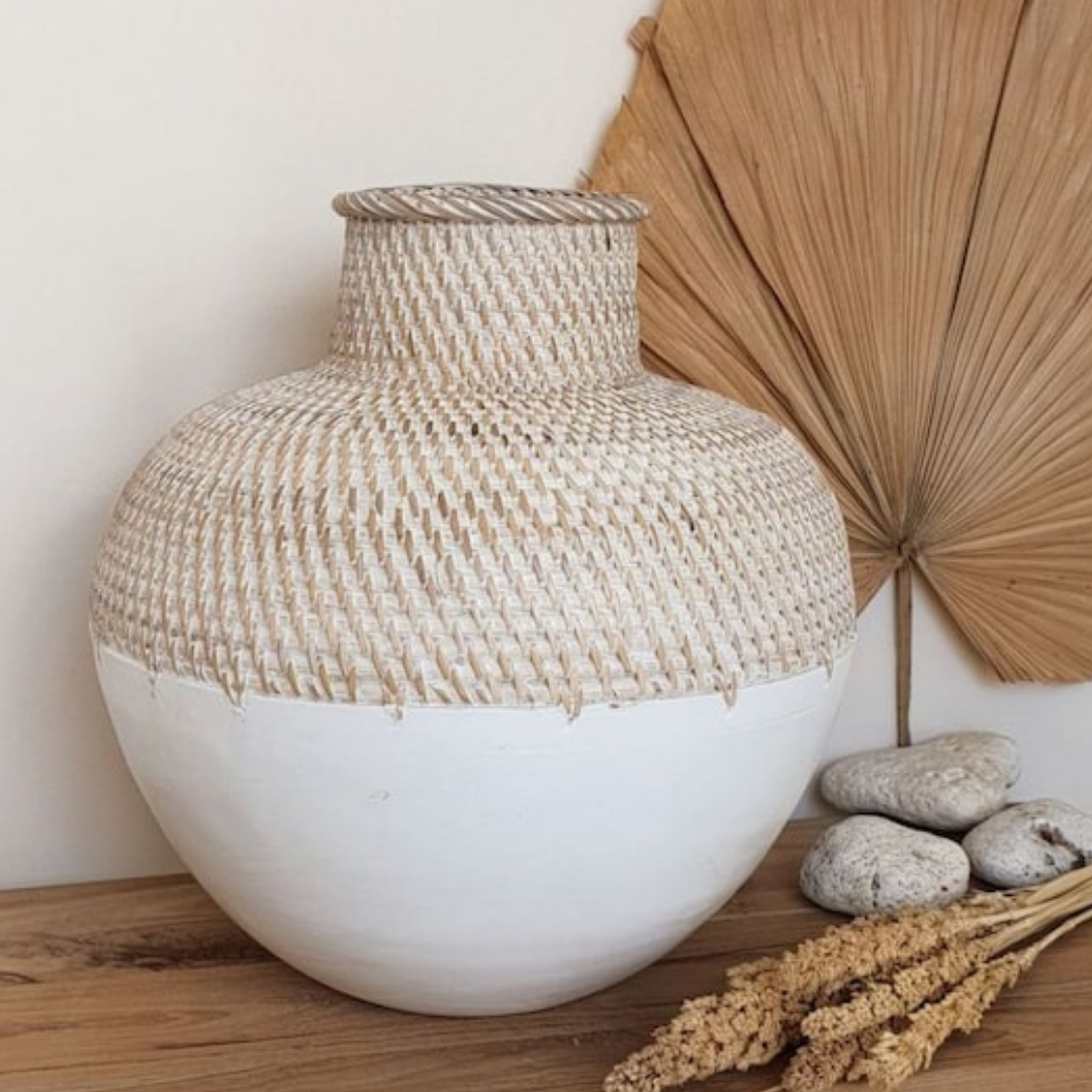 Handmade woven ceramic vase styled as a decorative home accent