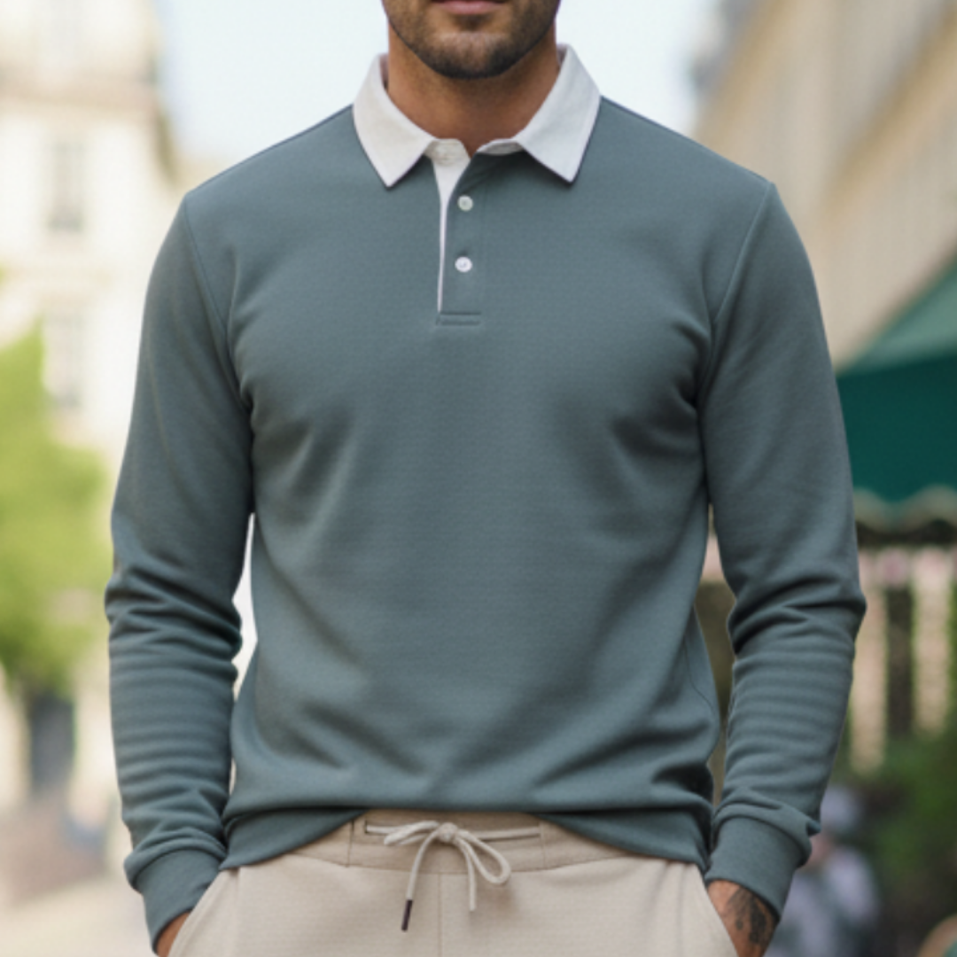 Men's knitted long-sleeve polo shirt showing polo collar detail and ribbed hem