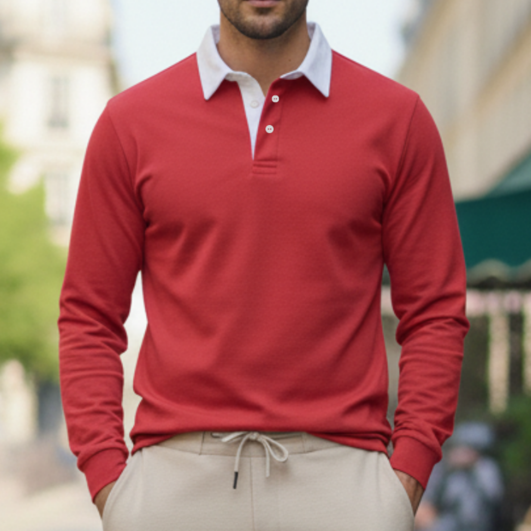 Men's long-sleeve polo shirt with ribbed cuffs and button placket, front view