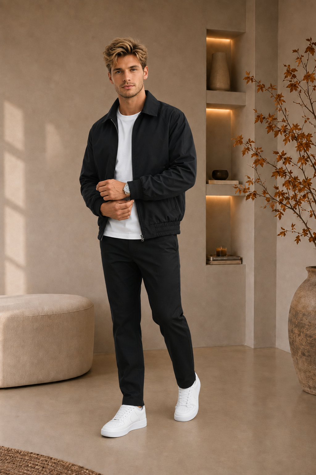 Men's black jacket and pants set full outfit view