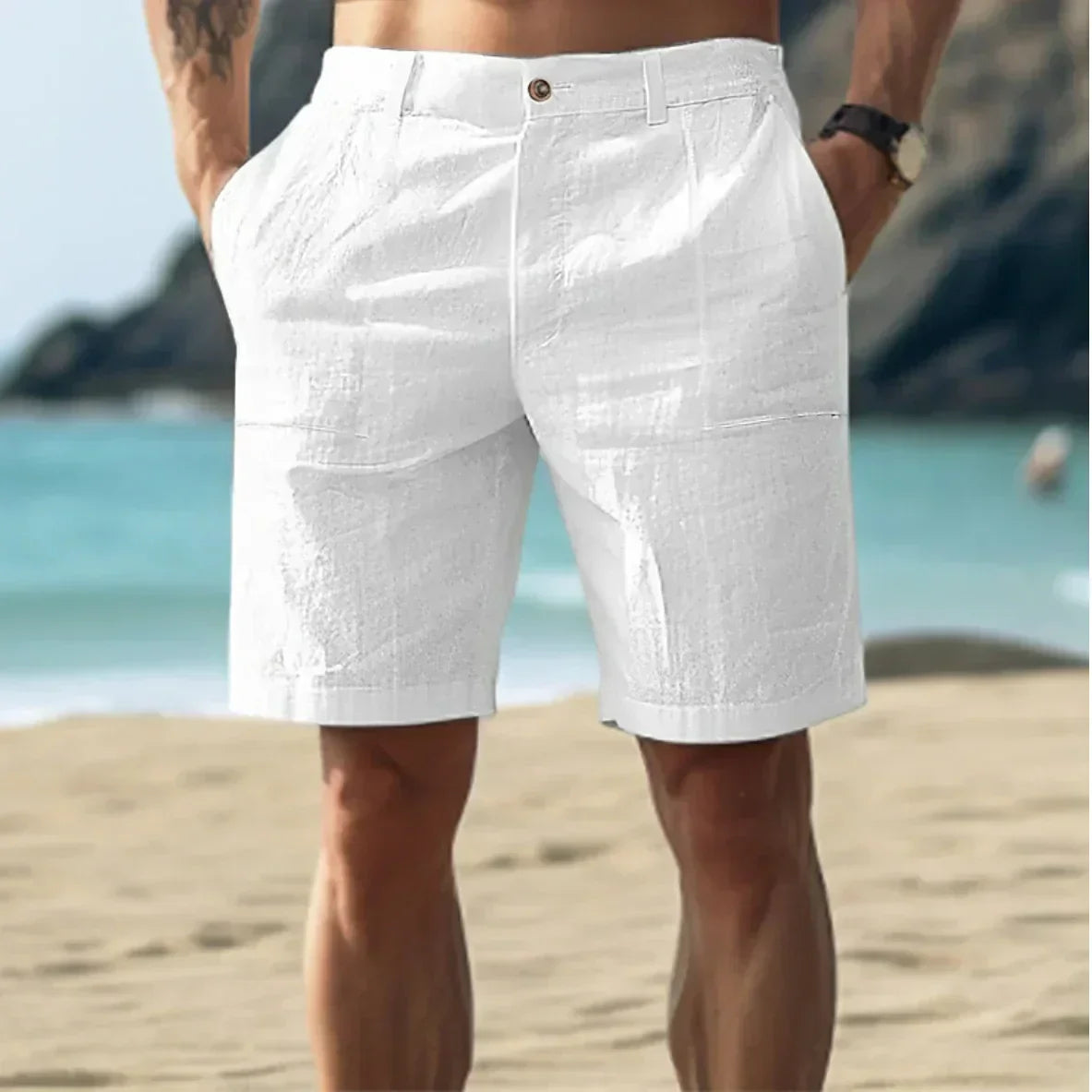 Men's white summer chino shorts with relaxed fit and side pockets