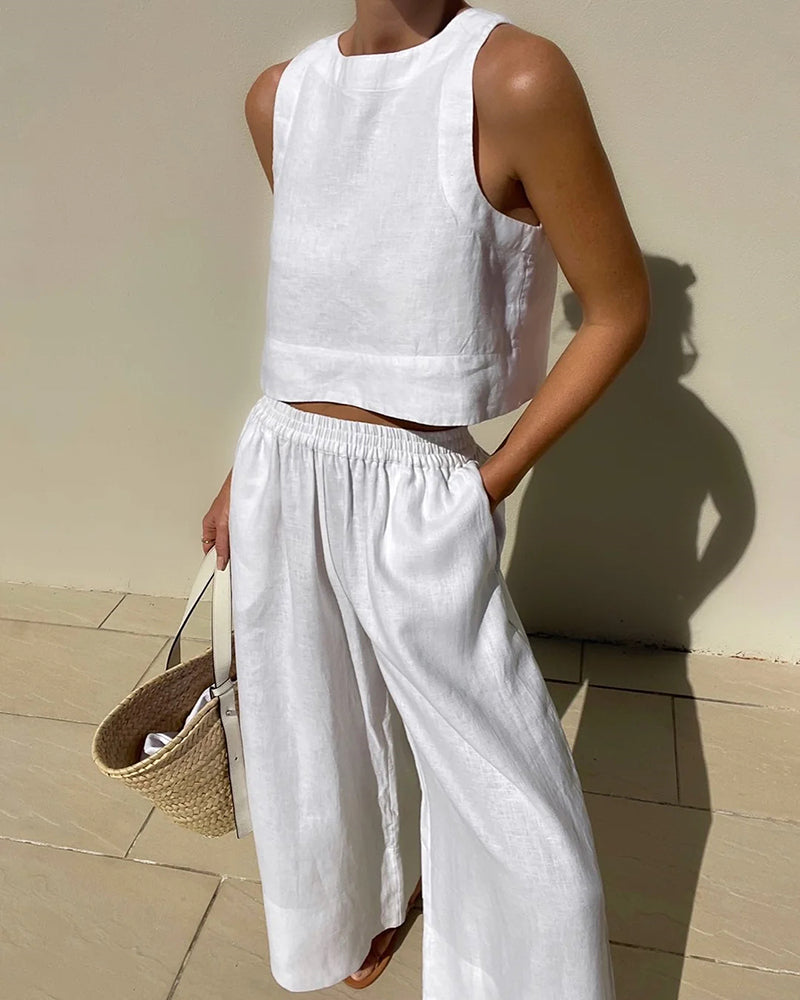 Women's linen-blend crop top and wide-leg trousers two-piece set with elastic waistband