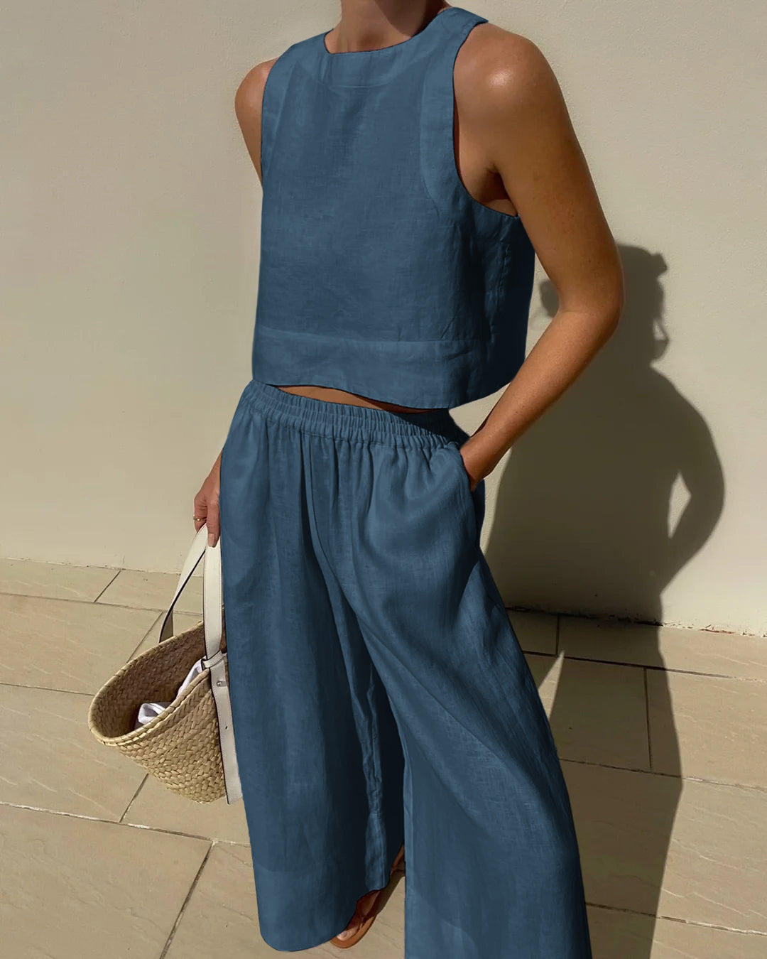 Linen-blend two-piece set for women featuring a sleeveless top and wide-leg high-waist pants