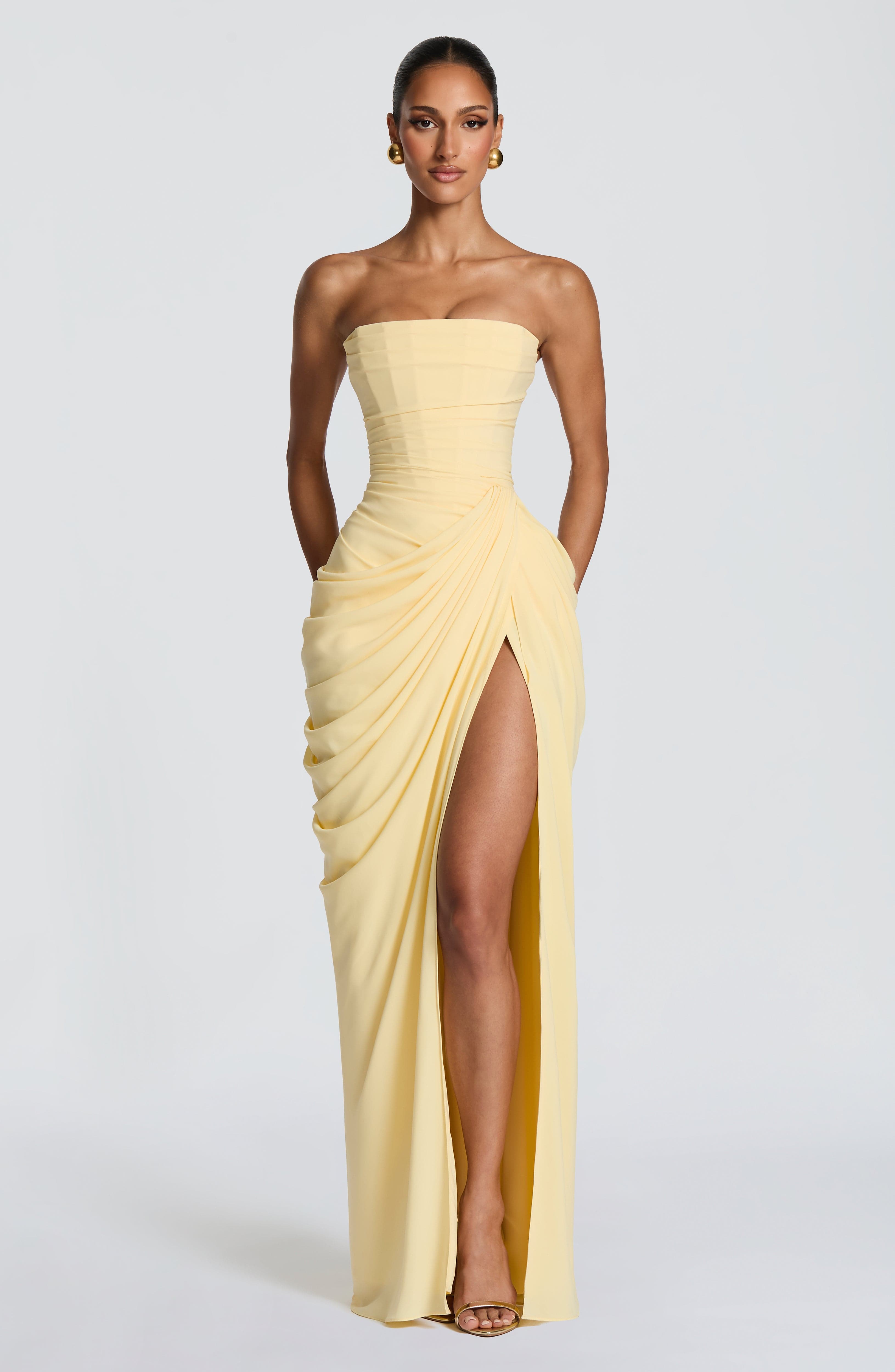 Women's strapless draped maxi dress with gathered waist draping and high side slit