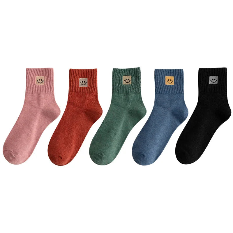 Cotton-blend ribbed ankle sock set with smiley face pattern