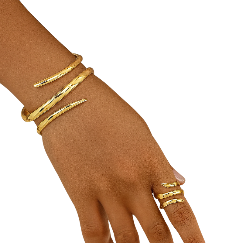Metal alloy bracelet and ring set with open adjustable design for women