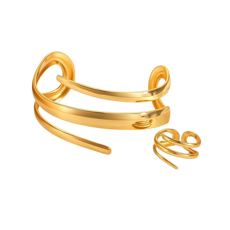 Adjustable metal alloy bracelet and ring set with smooth polished finish
