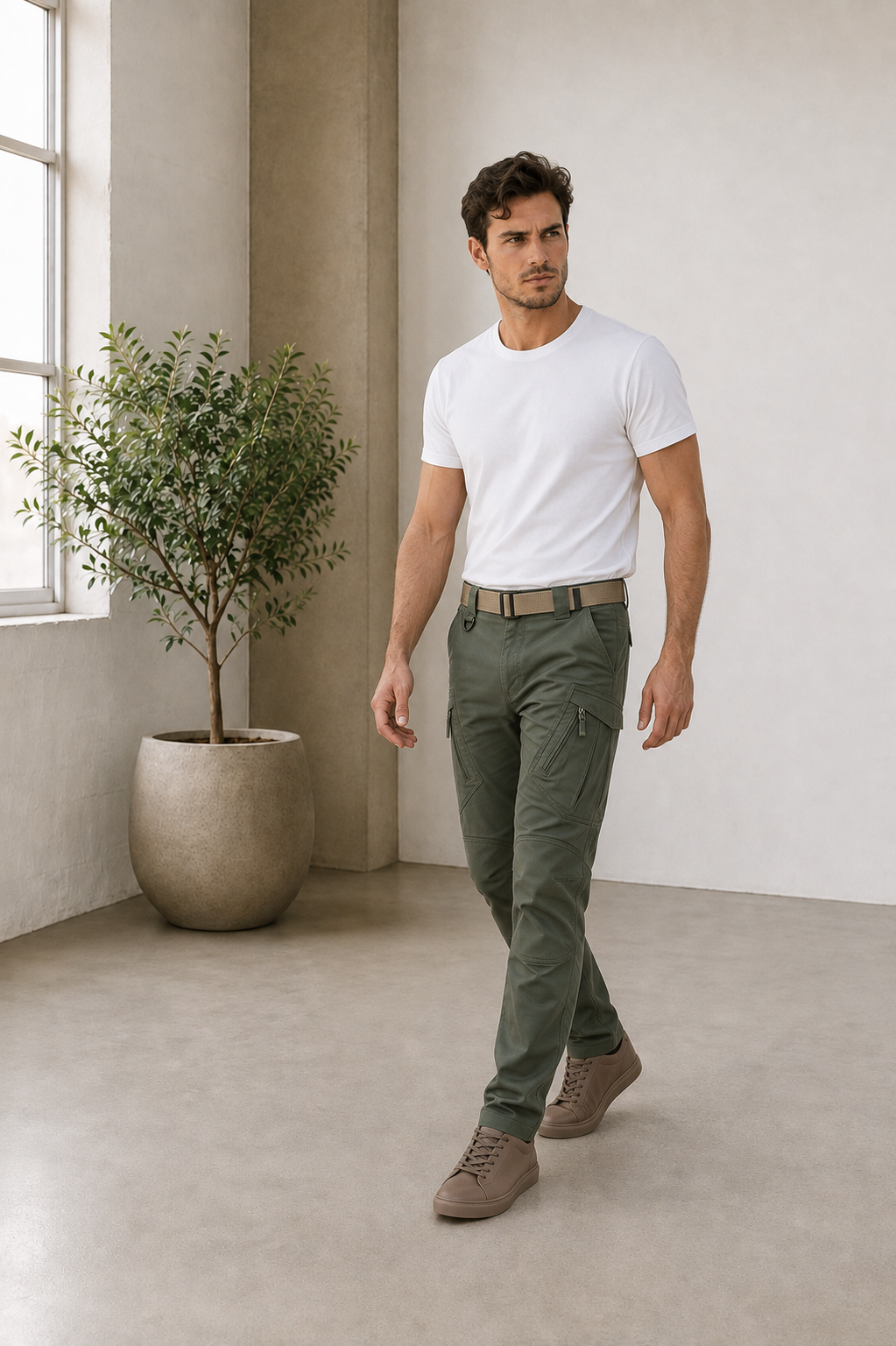 Men's cargo pants in a woven fabric with multiple cargo pockets and adjustable hem