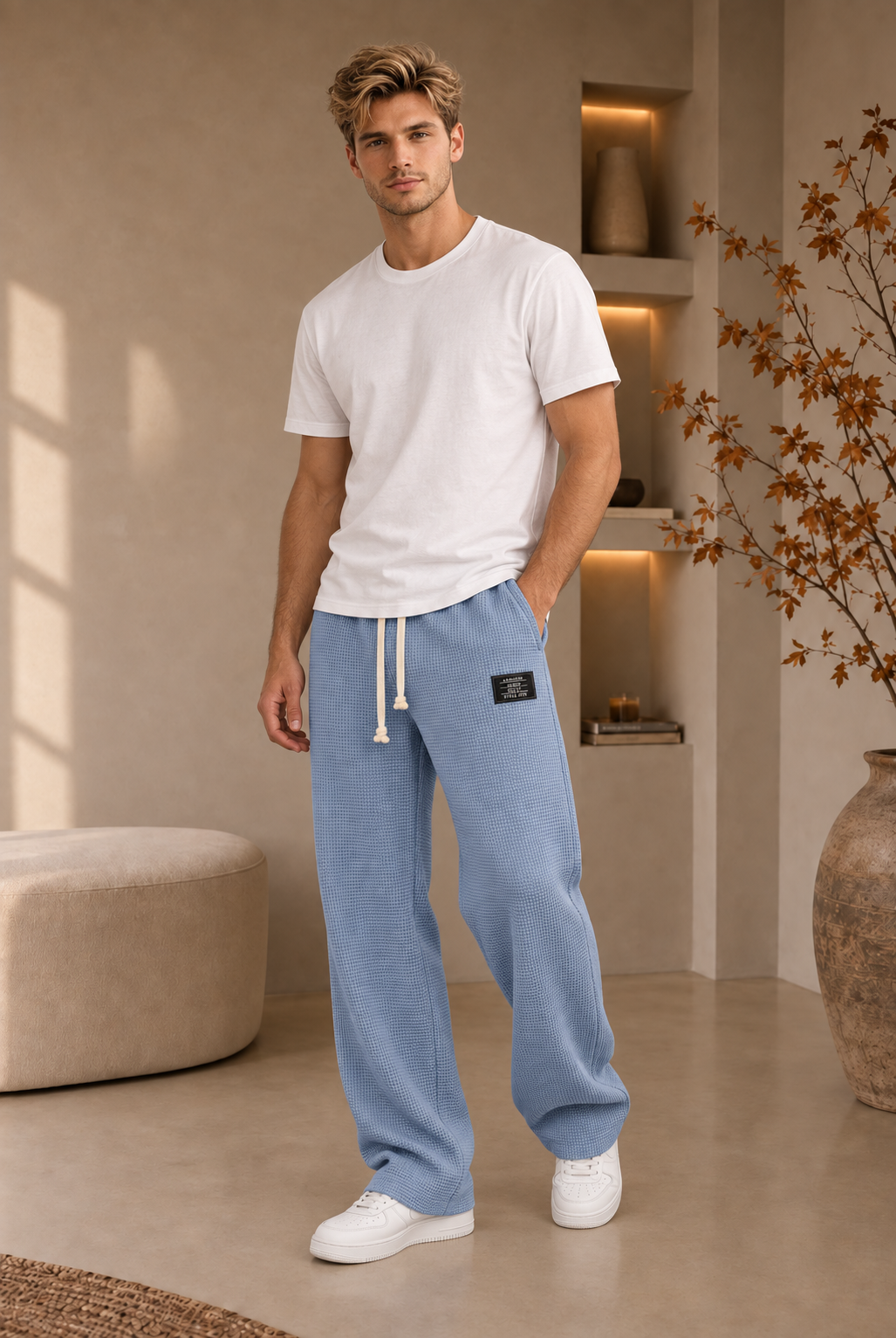 Men's waffle-knit trousers with relaxed fit and elastic drawstring waistband