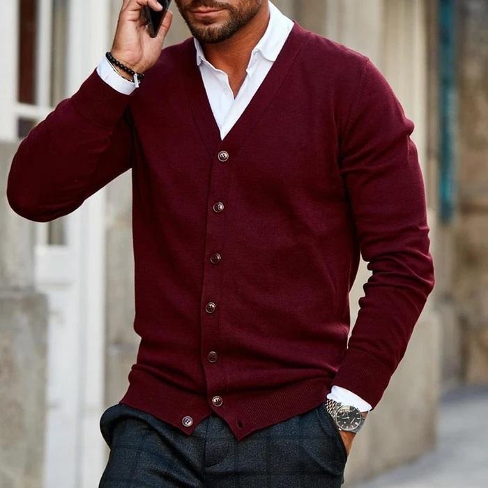 Men's button-up cardigan in dark navy with V-neck and front button closure, front view
