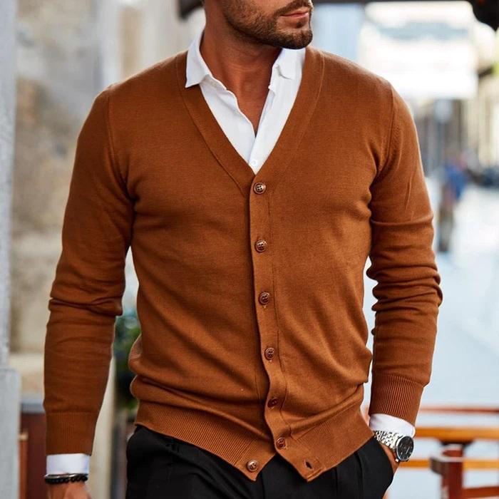 Men's V-neck button-up cardigan in dark navy, three-quarter front angle view