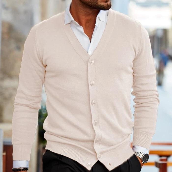 Men's cotton blend button-up cardigan in dark navy, side profile view