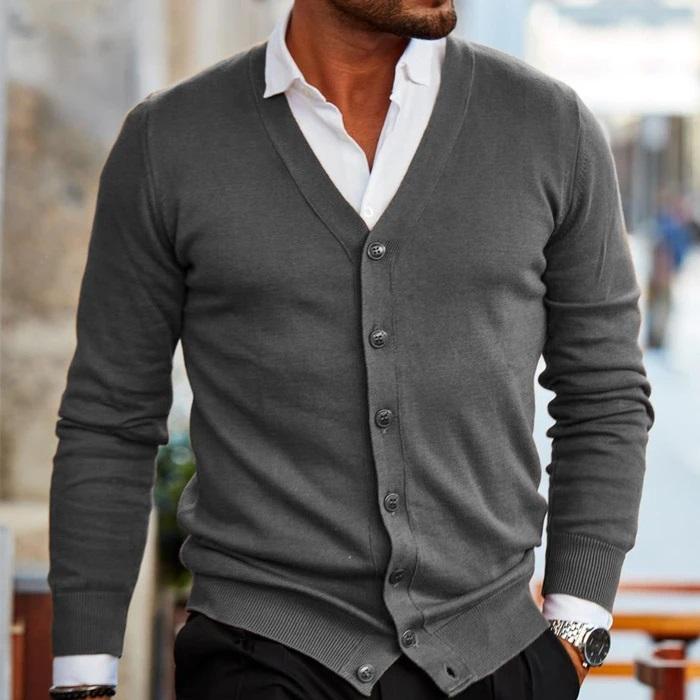Men's dark navy V-neck cardigan with button closure, back view