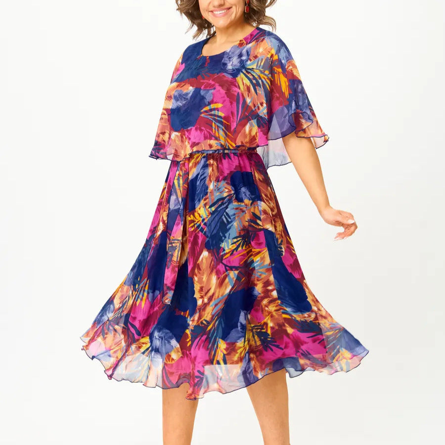 Women's patterned chiffon midi dress with ruffled sleeves and tie belt