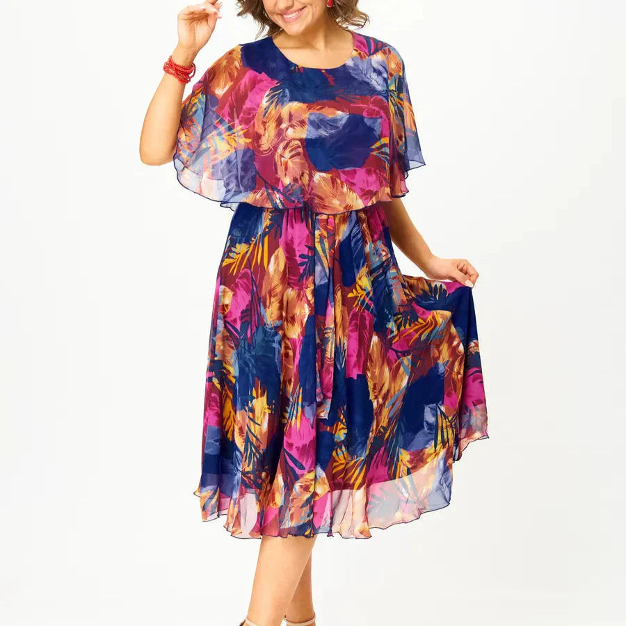 Chiffon dress with round neckline, short ruffled sleeves, and adjustable waist tie