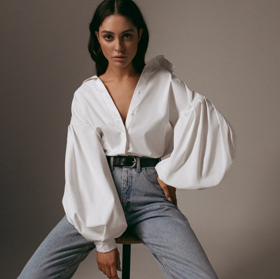 Woven wrap blouse for women with open neckline and long sleeves