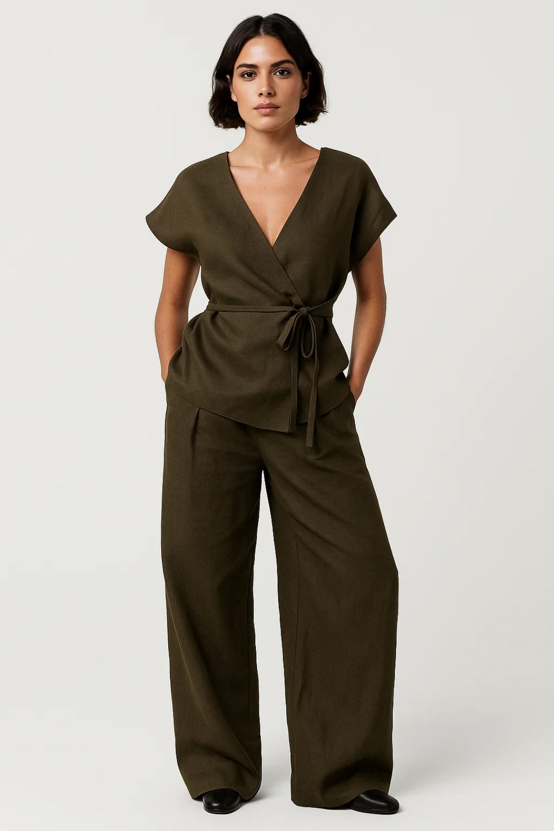Women's wrap top and wide-leg pants set with V-neck and tie-waist