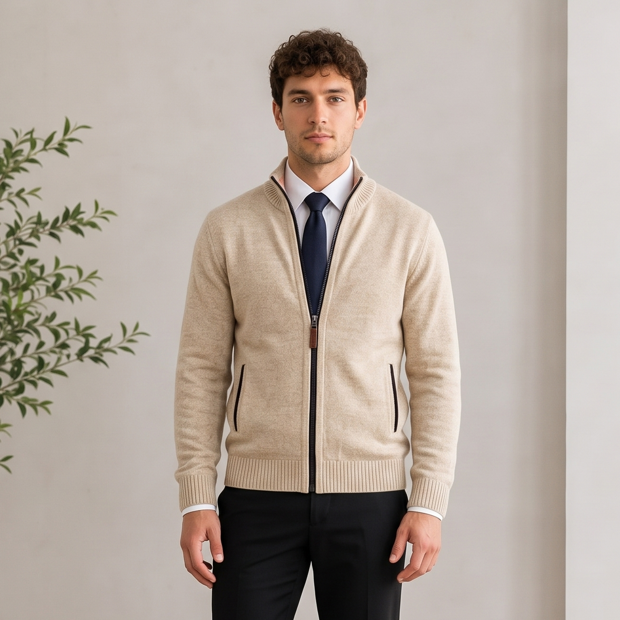 Textured Knit Jacket Zip Front Men