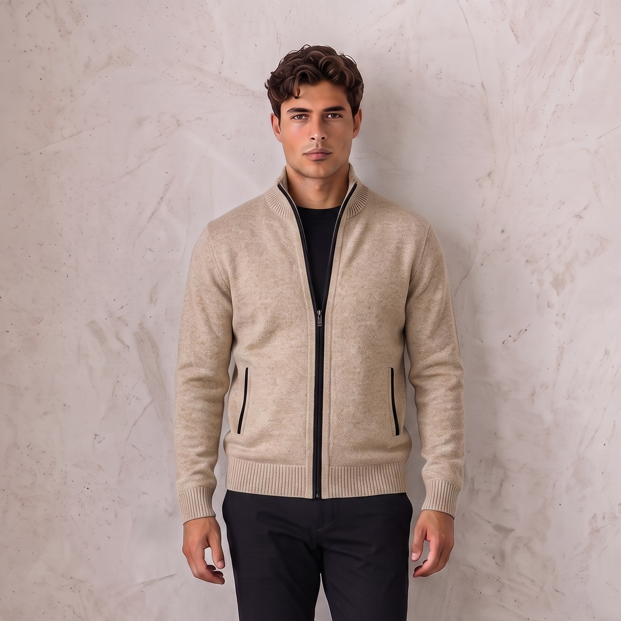 Wool-blend knit zip jacket for men with full-length zipper and stand-up collar