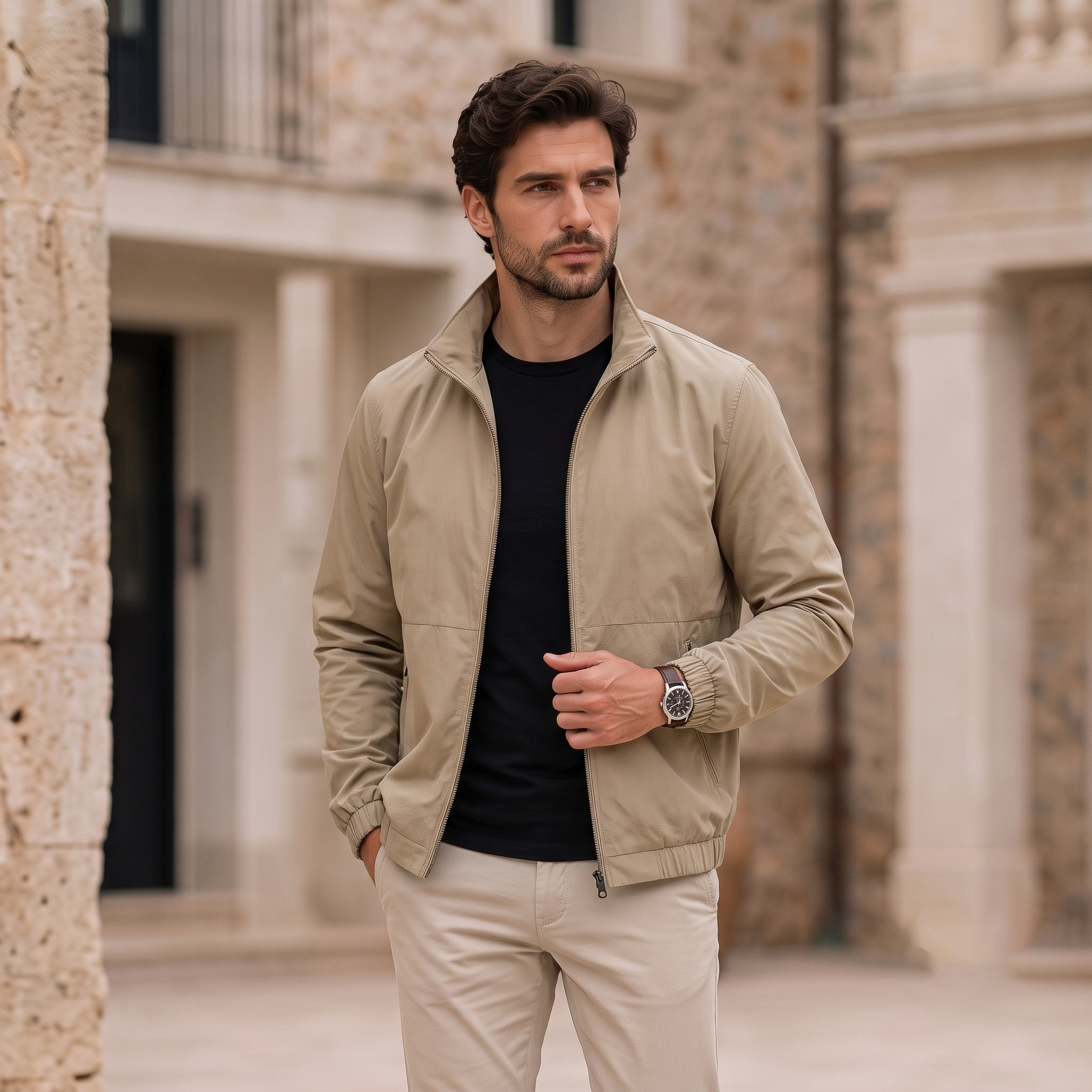 Lightweight men's jacket with front zipper, hip-length silhouette, and clean panel construction
