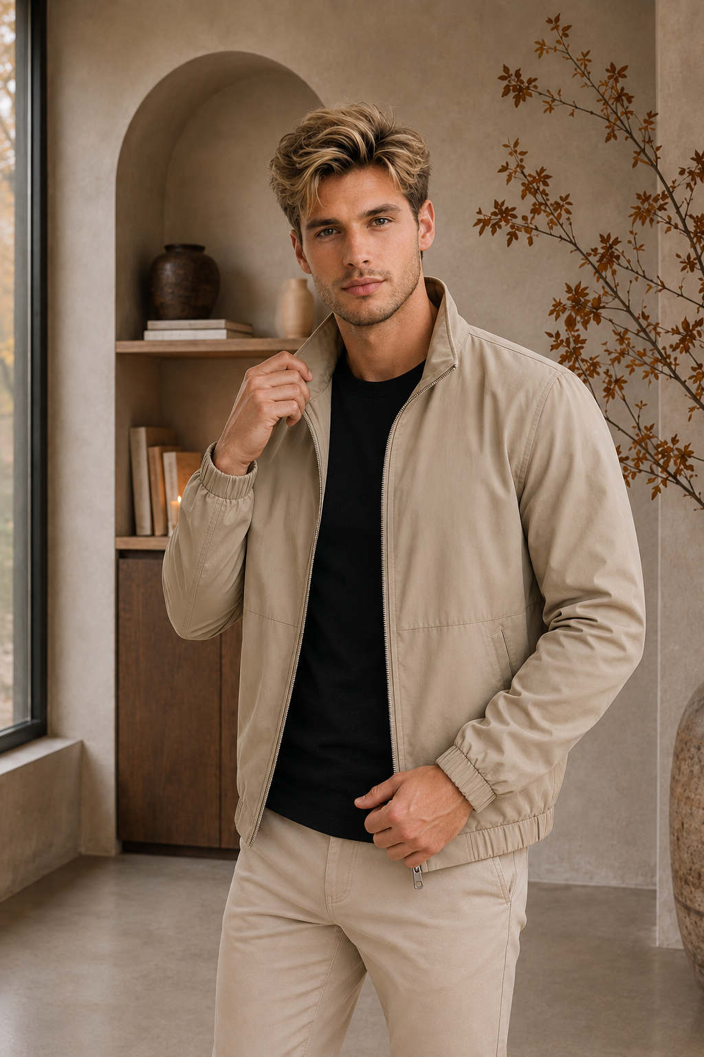 Lightweight men's jacket with front zipper, hip-length silhouette, and clean panel construction