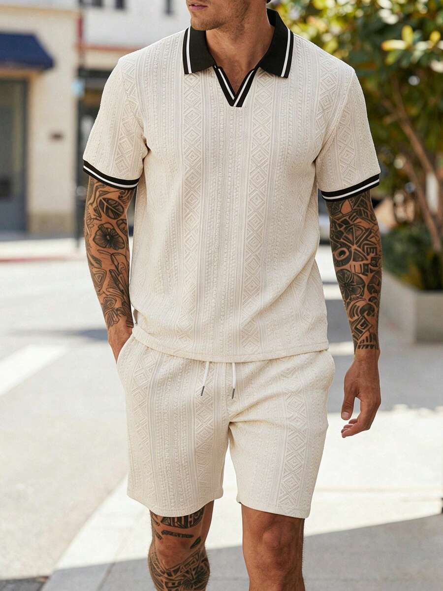 Men's textured polo shirt and shorts set in a warm apricot tone with open collar and elasticated drawstring shorts