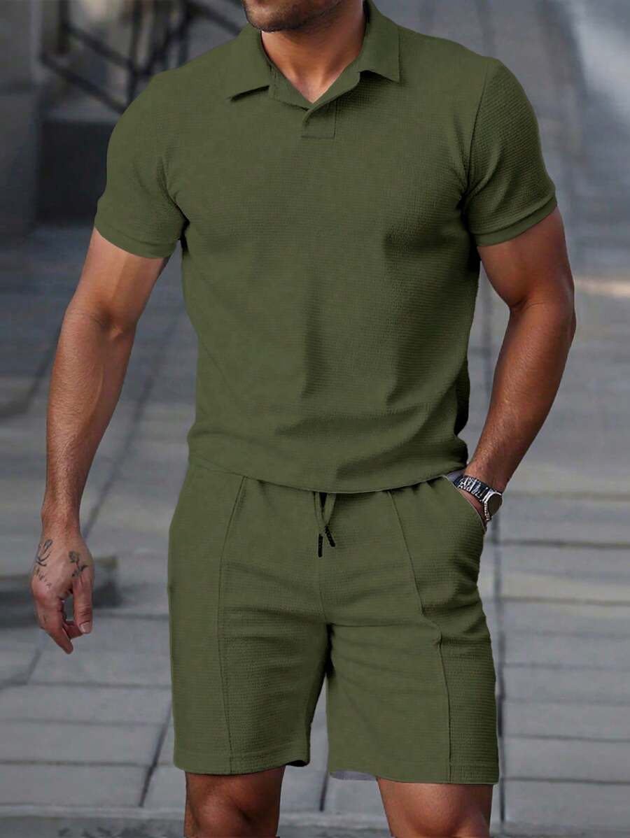 Men's textured polo shirt and shorts set in army green with relaxed fit and matching construction