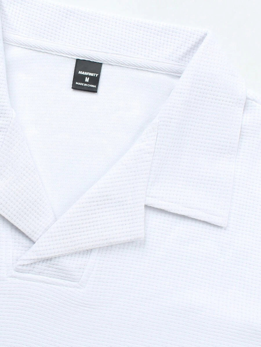 Men's short-sleeved polo shirt paired with matching textured shorts in a coordinated set