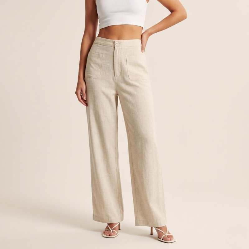 Women's high-waisted straight-leg pants with front pockets and structured waistband
