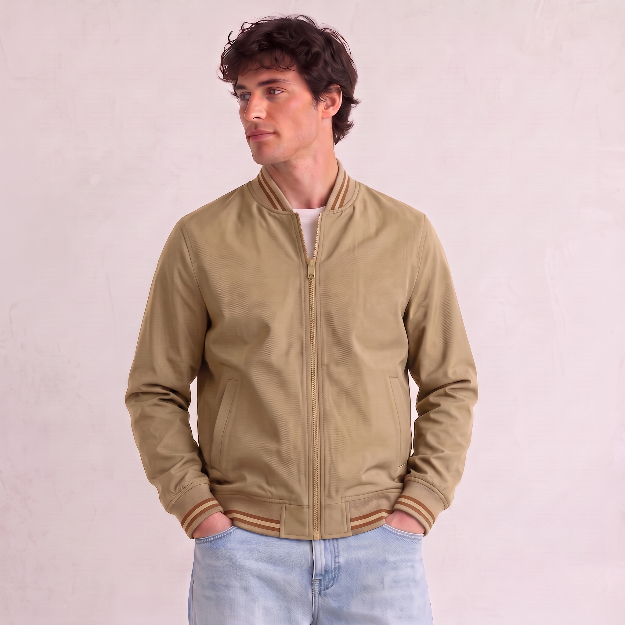 Men's lightweight bomber jacket with striped ribbed cuffs and waist-length cut