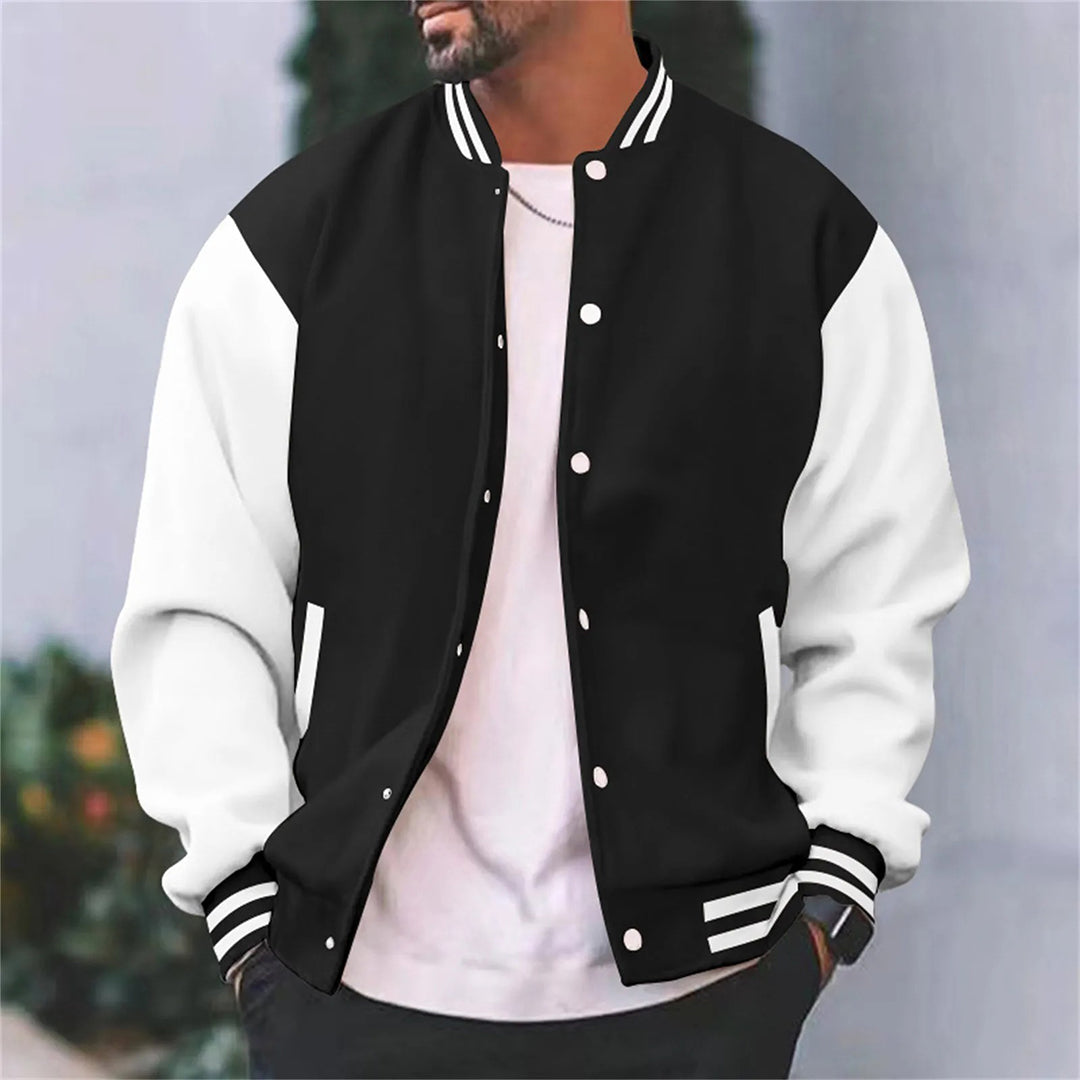 Men's varsity jacket with snap buttons, ribbed collar, and contrasting sleeves
