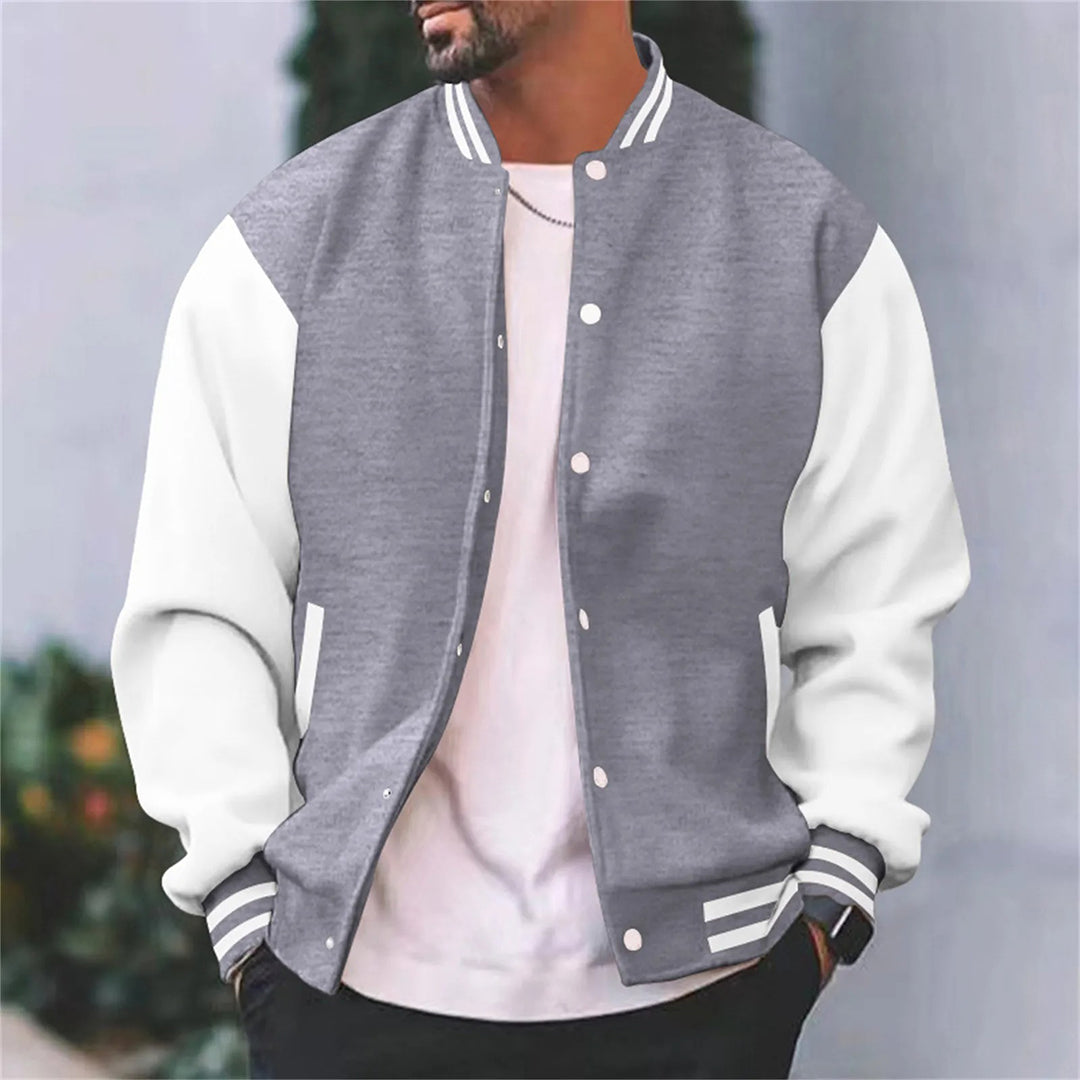Men's varsity jacket with ribbed collar, stripe detail, and contrasting sleeve panels