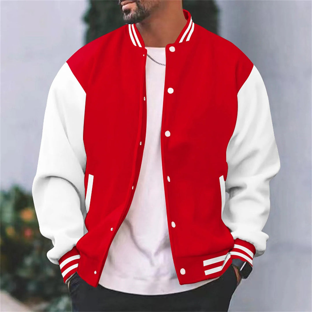 Men's snap button varsity jacket with structured silhouette and ribbed finishes