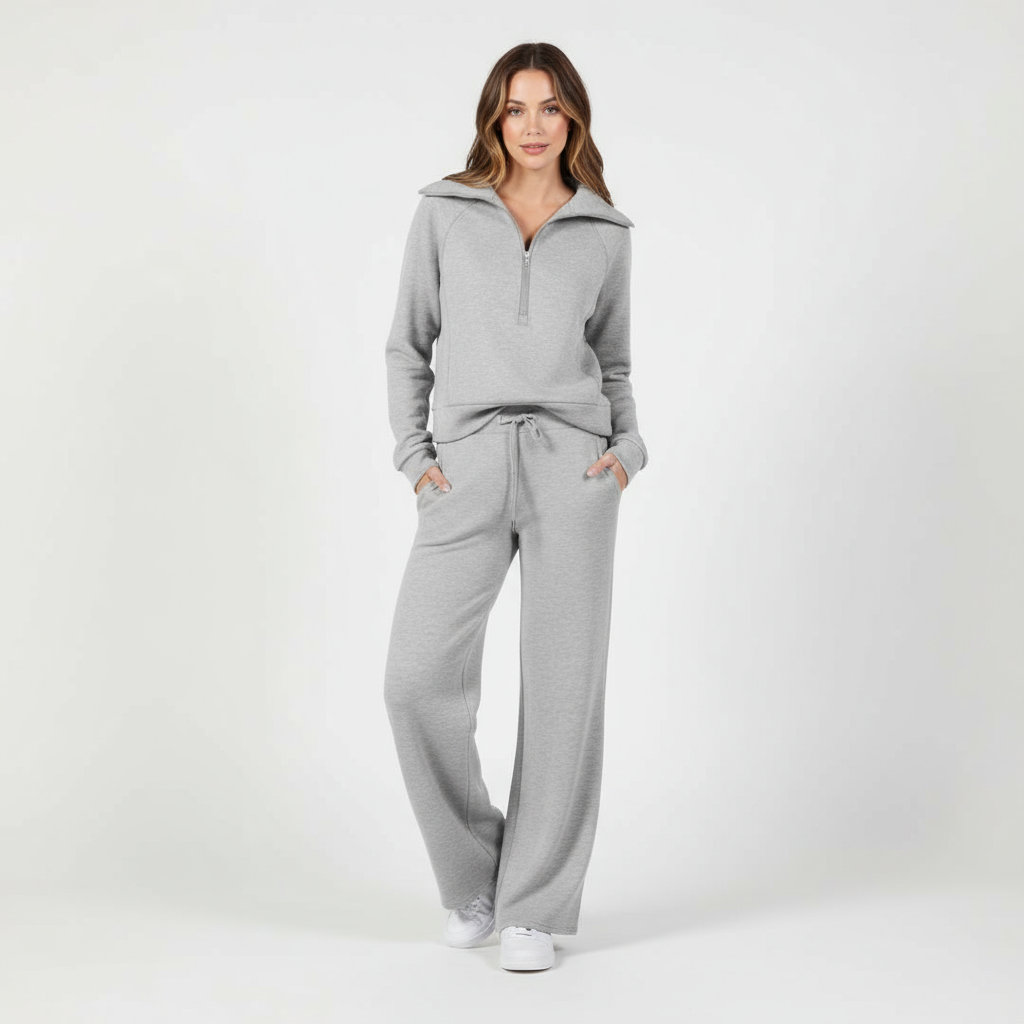Women's soft knit loungewear set with wide-leg trousers and drawstring waist, styled full-length view