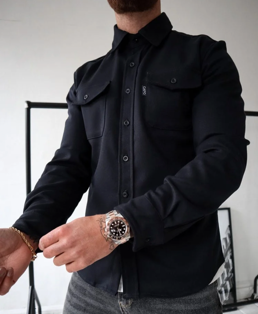 Men's regular fit overshirt with chest flap pockets, straight hem, and clean seam construction