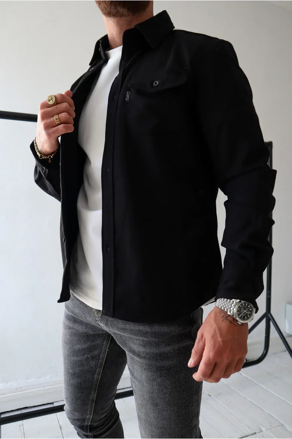 Men's Classic Overshirt Jacket with shirt collar, long sleeves, and front button closure