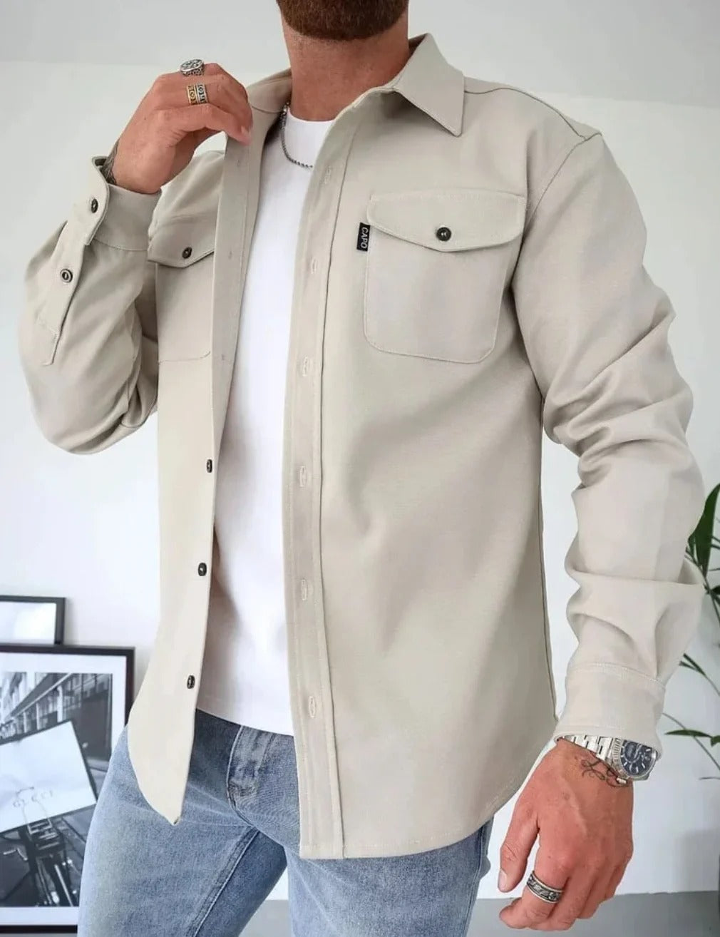 Men's Overshirt Jacket with long sleeves, buttoned front, and chest pocket detail