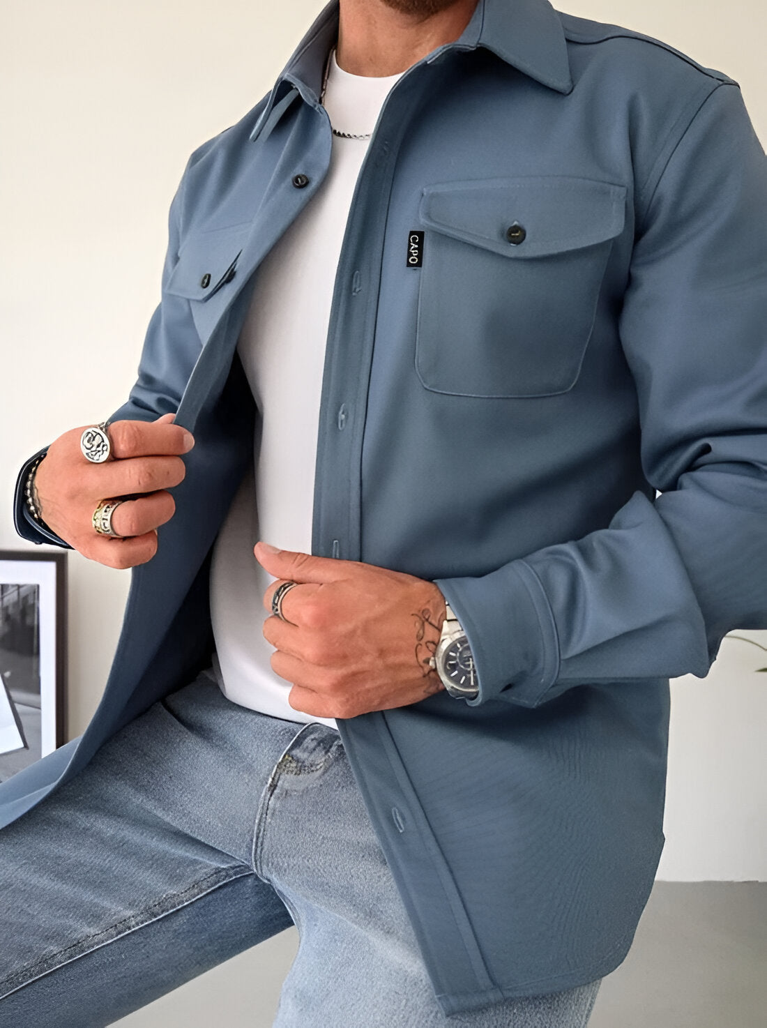 Men's Layering Overshirt Jacket with cuffed sleeves and a smart casual silhouette