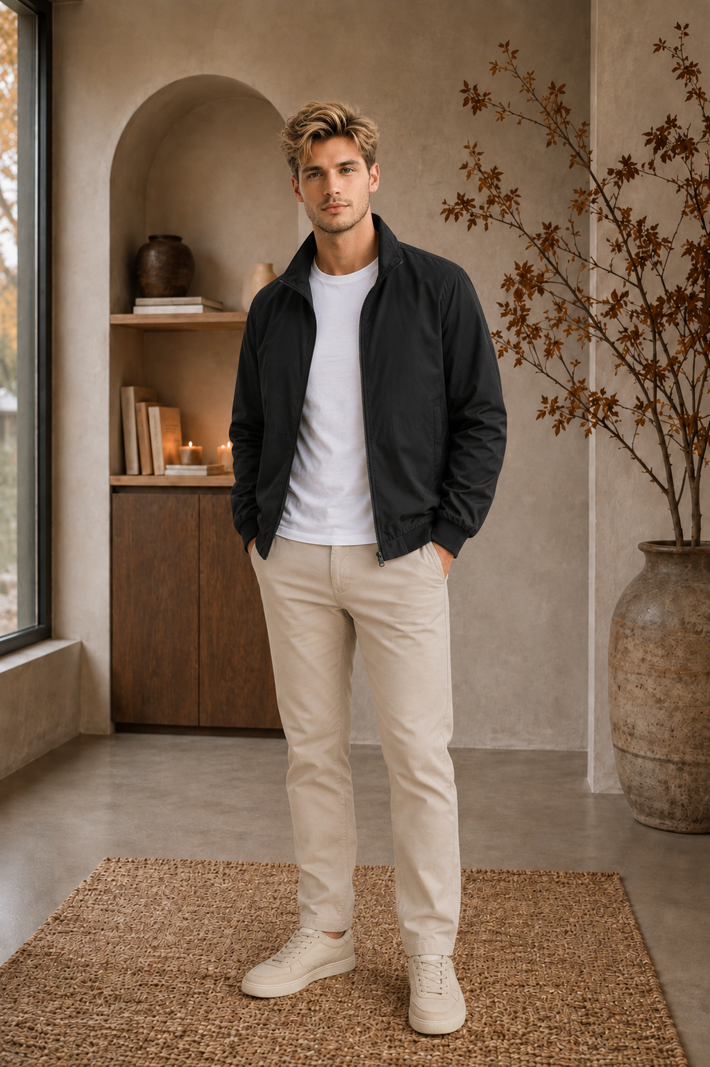 Men's lightweight zip-up jacket with stand-up collar, elastic cuffs, and side zip pockets