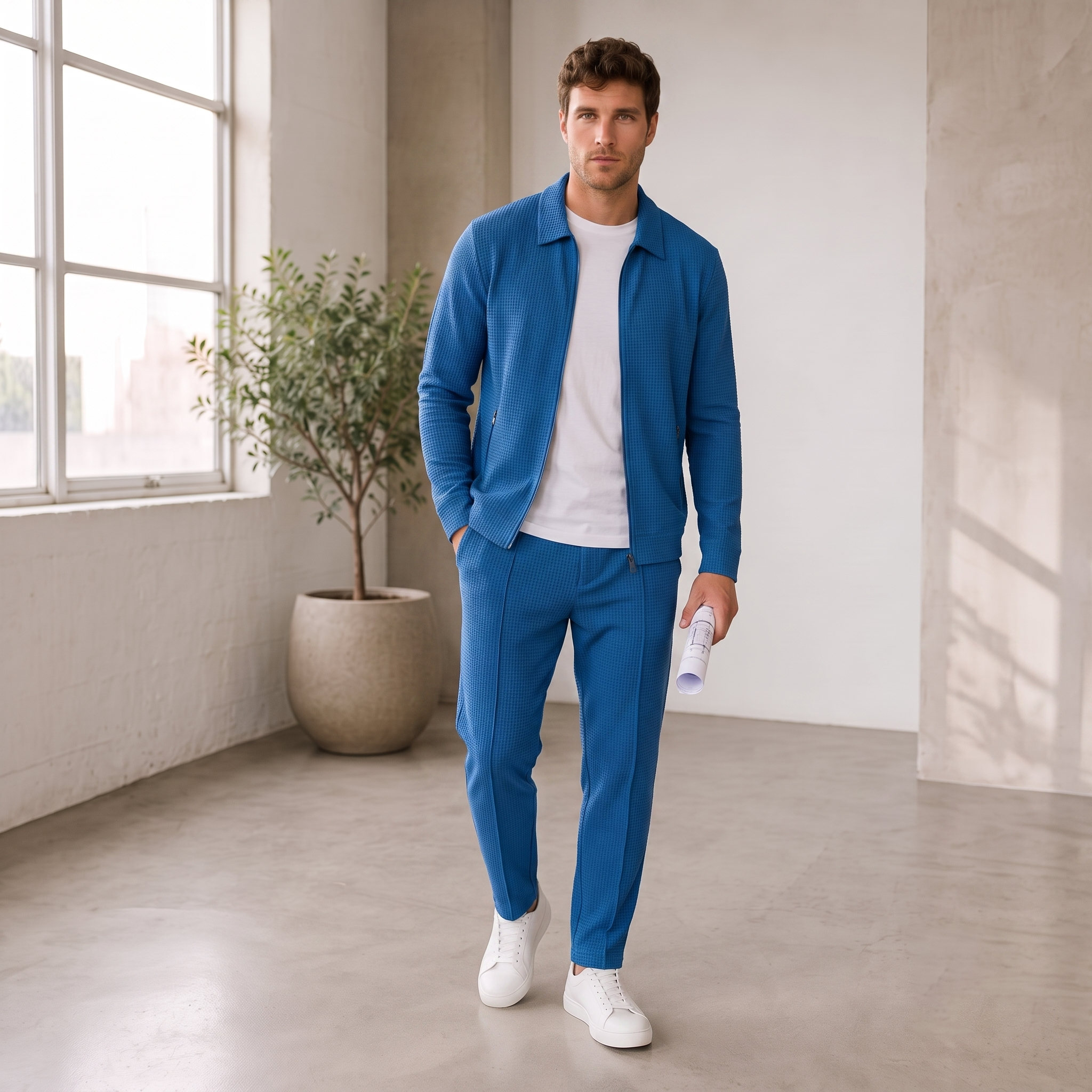Men's textured tracksuit set with zip-up jacket and tapered drawstring pants in a relaxed casual style