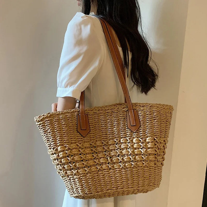 Hand-woven tote bag with spacious interior and braided shoulder straps