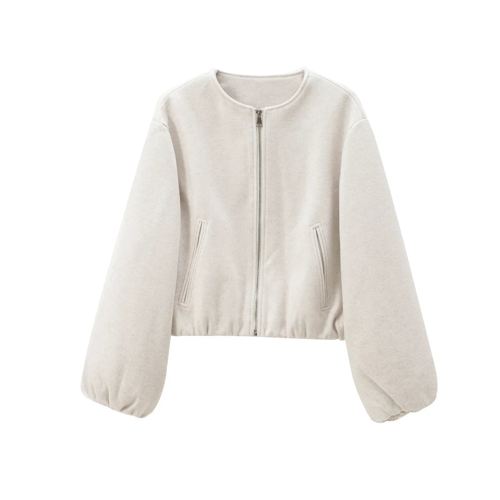Women's short zip jacket with voluminous sleeves and clean structured finish