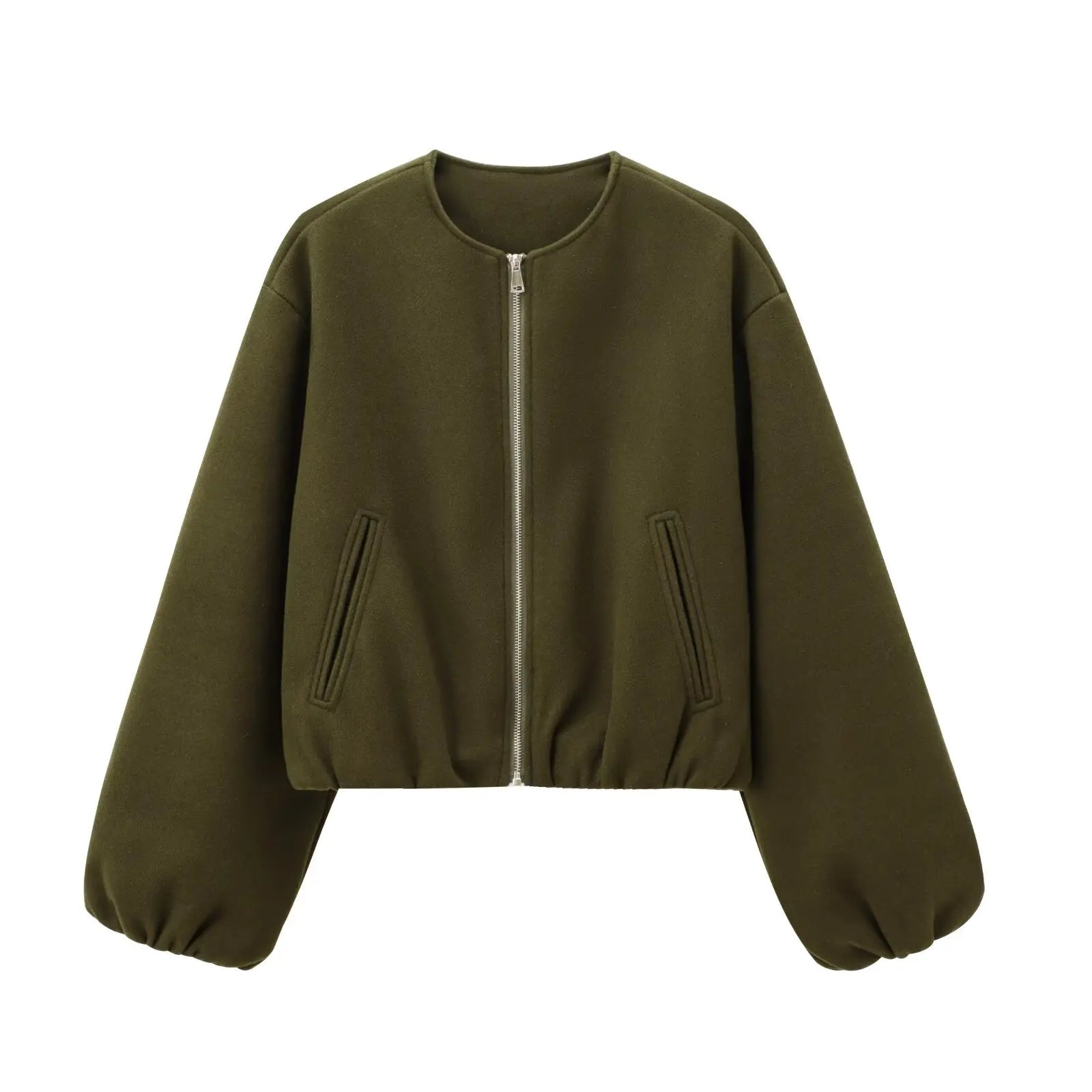 Women's short jacket with zipper in olive green with voluminous sleeves