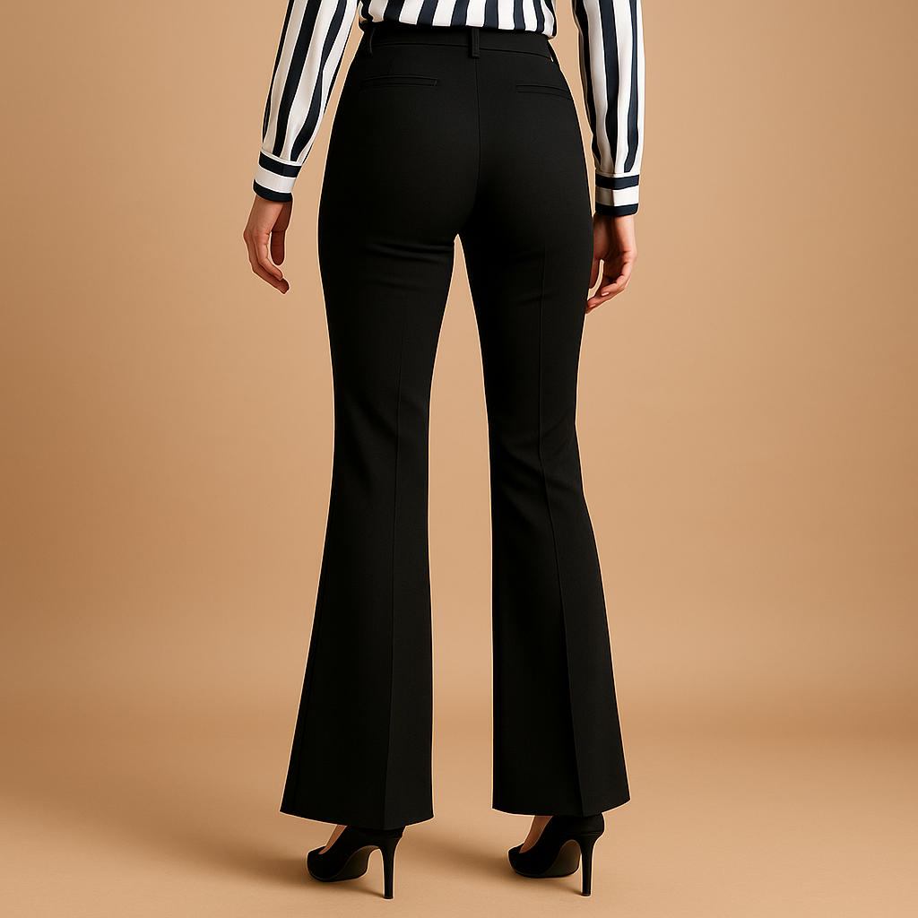 Women's full-length flared trousers in wool blend with side pockets and button-zip closure