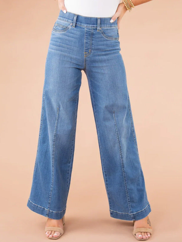 Wide-leg high-waist cotton blend jeans for women