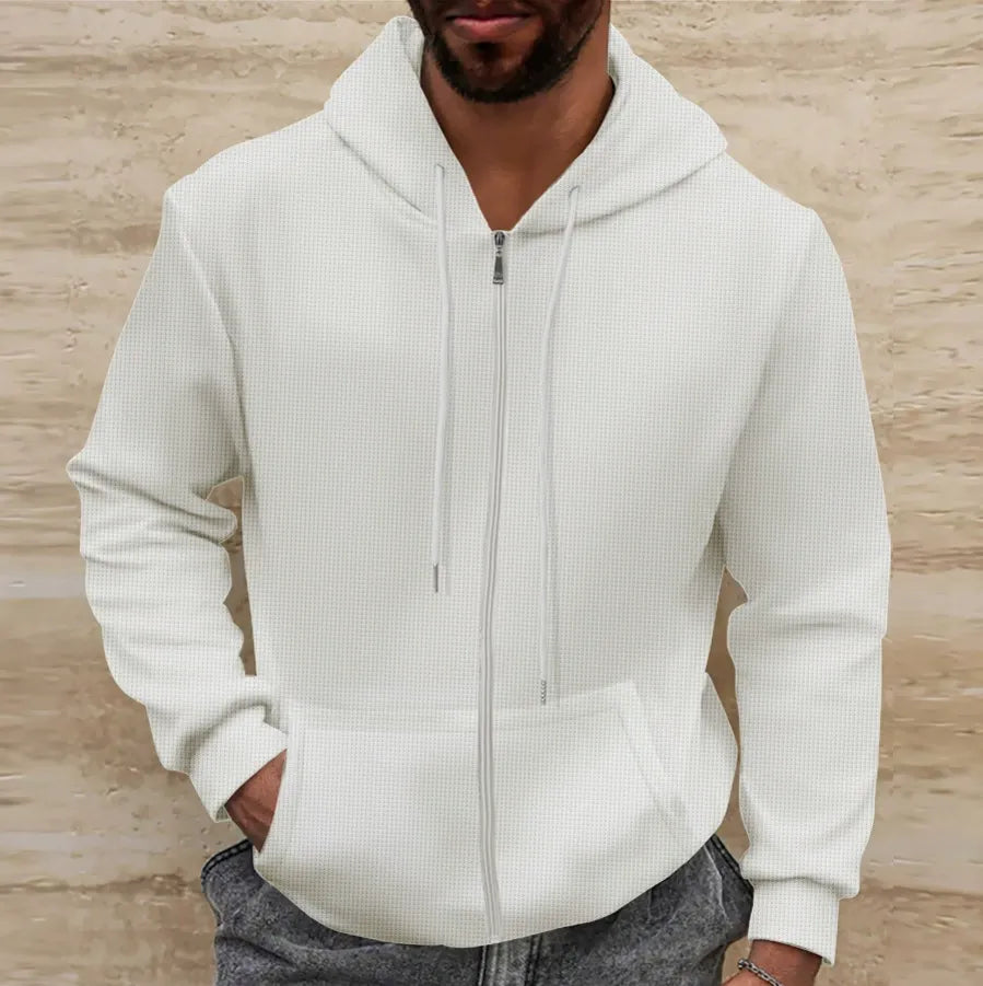 Men's zip-up hoodie with kangaroo pocket and drawstring hood — front view